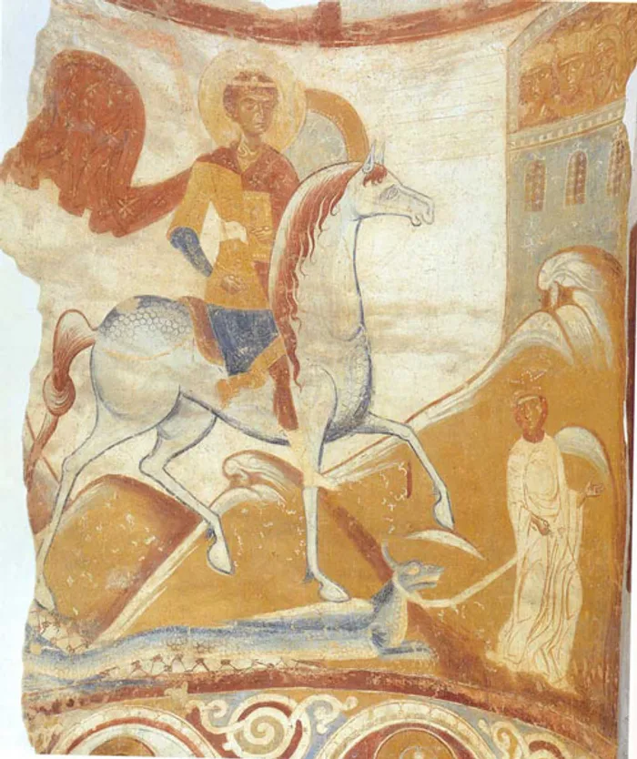 Фреска «Чудо Георгия о змие», XII век, храм Св. Георгия, Старая Ладога